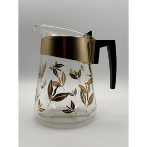 Vintage Douglas Flameproof Glass Carafe Coffee Tea Gold Leaves 7.5" Tall MCM